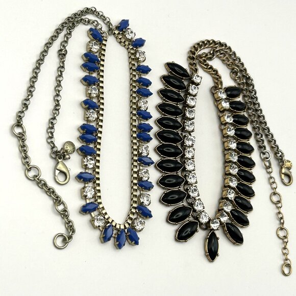 Bundle of 2 J.Crew Statement Necklaces Blue Black Marquise Clear Rhinestones - Picture 1 of 16